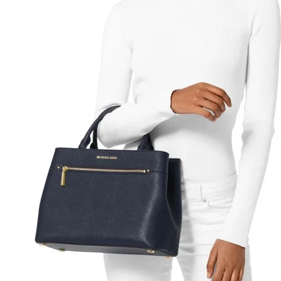 MICHAEL KORS Handbag Crossgrain Leather Navy Large Crossbody Satchel AUTHENTIC - Picture 12 of 12